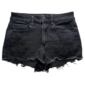 AE Black Denim Crochet Overlay High Waisted Shorts